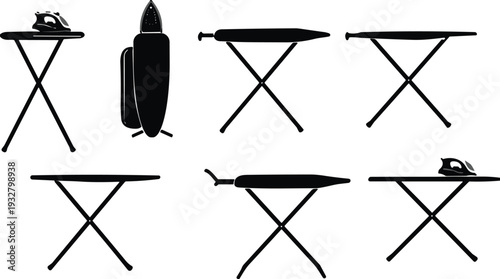 Ironing board silhouette set featuring steam irons, laundry equipment icons, household chore symbols, domestic appliance vectors, and clothing care graphics for home cleaning.