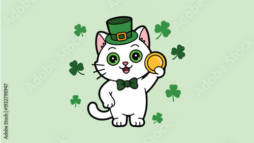 A cute cartoon illustration of a white cat wearing a green top hat with a gold buckle and a dark green bow tie (3)_traced
