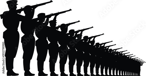 Military honor guard soldiers aiming rifles silhouette vector illustration, army ceremonial firing squad isolated black defense formation