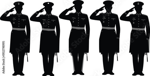 Military officer saluting silhouette collection vector illustration, ceremonial army uniform figures isolated black patriotic defense set