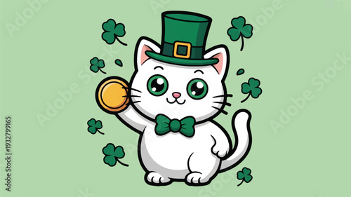 A cute cartoon illustration of a white cat wearing a green top hat with a gold buckle and a dark green bow tie (1)_traced