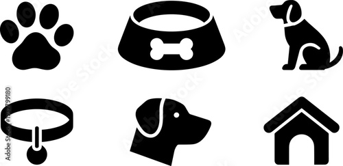 Dog care glyph icon set, paw bowl collar puppy house and head silhouette vector illustration