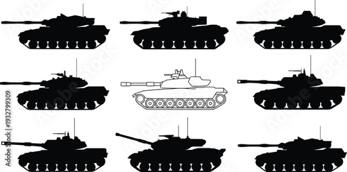 Military tank silhouette collection vector illustration, armored combat vehicles isolated black army defense transport symbols set