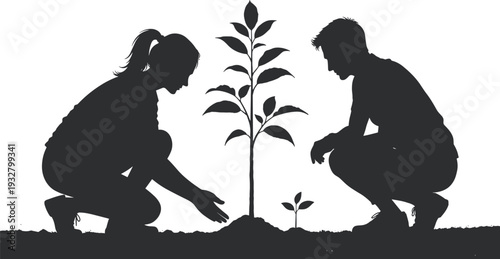 Volunteers planting tree together silhouette, environmental conservation and community sustainability vector illustration isolated
