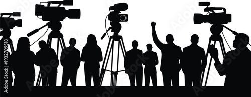 Press conference media coverage silhouette vector illustration, journalists with video cameras recording public speech isolated black