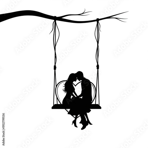 A romantic vector graphic of a couple sitting on a swing, silhouetted against a white background