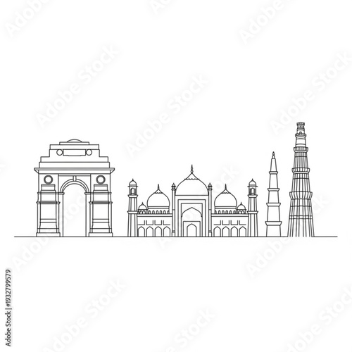 A minimalist line art illustration of famous Indian monuments including Gateway of India, Taj Mahal, and Qutub Minar