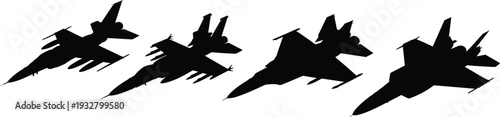 Modern fighter jet silhouette collection vector illustration, military combat aircraft isolated black air force defense symbols