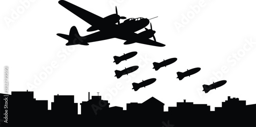 Vintage bomber airplane dropping bombs over urban city skyline silhouette vector illustration, historic military aviation attack concept