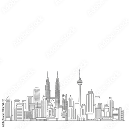 A minimalist line art illustration of the Kuala Lumpur city skyline featuring iconic buildings and skyscrapers in a simple black and white design