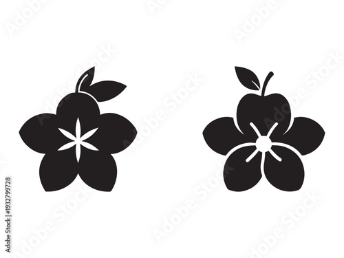 Silhouette of two stylized flowers with apples and leaves  simple black icons