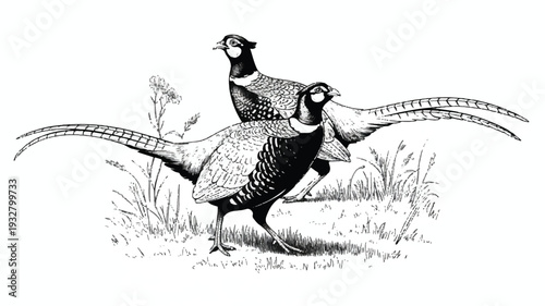 A detailed black and white line drawing of two male ring-necked pheasants in a natural grassland setting (2)_traced