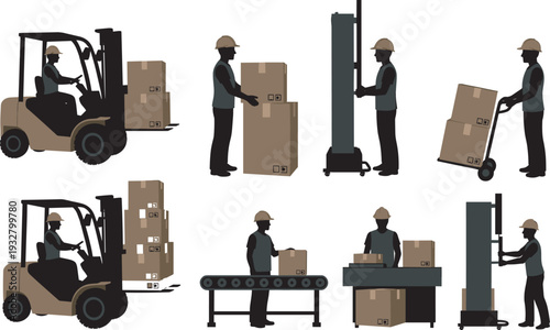 Warehouse workers operating forklift and handling boxes, logistics and cargo delivery vector illustration