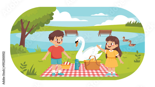 A flat, cartoon-style illustration of a lakeside picnic scene (4)_traced