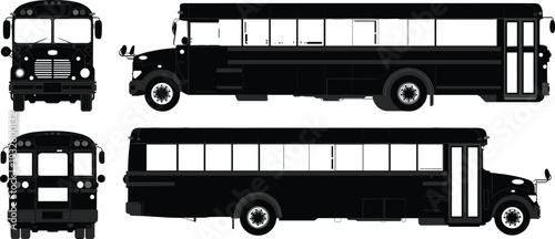 School bus silhouette set including front, side, and rear view perspectives, black vehicle vector icons for education, transportation, student safety, and school travel.
