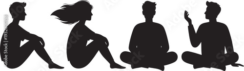 Young people sitting and talking silhouettes, casual lifestyle conversation vector illustration isolated on white background