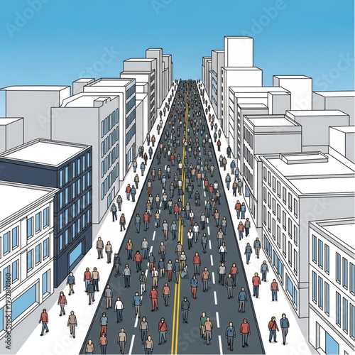 Crowded city street with pedestrians and buildings.