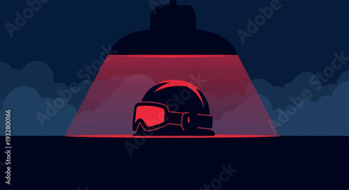 Illustration of a military silhouette vector with a helmet and red visor, set against a dark background with a spotlight, conveying a sense of geopolitical tension and war crisis.