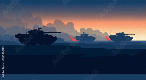 Silhouette illustration of military tanks in a war crisis scene with a conflict background design at sunset, conveying a geopolitical tension vector and economic collapse concept.