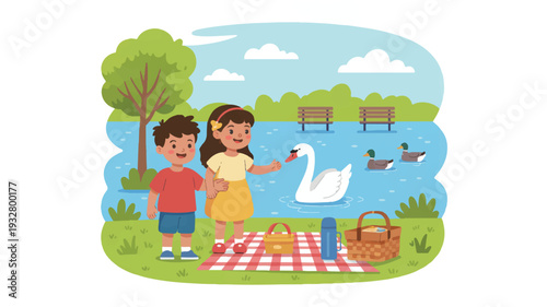 A flat, cartoon-style illustration of a lakeside picnic scene (2)_traced