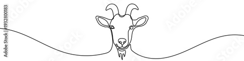 Goat head in one line art style. Drawing of a goat face with horns and beard with editable black stroke