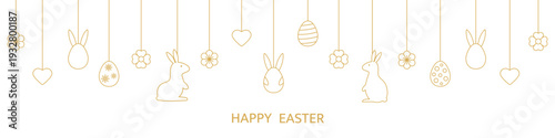 Happy Easter banner with hanging baubles. Holiday background with bunny, eggs, flowers, hearts line art icons. Happy spring pattern. Festive cartoon border. Greeting frame. Vector illustration
