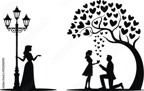 Romantic proposal silhouette scene under heart tree, couple love concept with street lamp black vector illustration isolated on light background