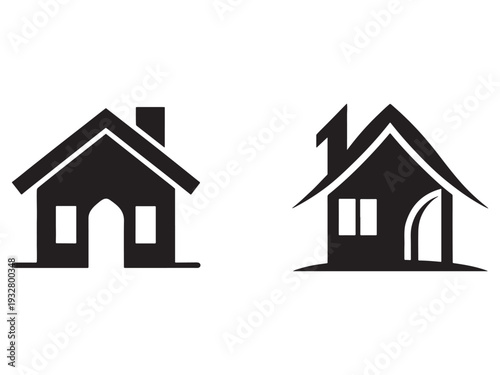 Simple house icons with chimney and windows on white background  two black house silhouettes