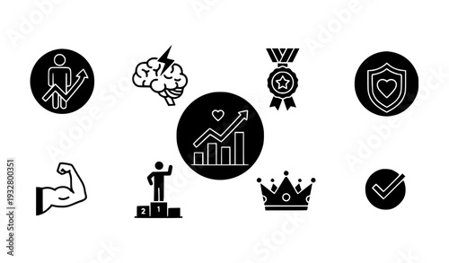 A set of black and white vector icons representing success and achievement