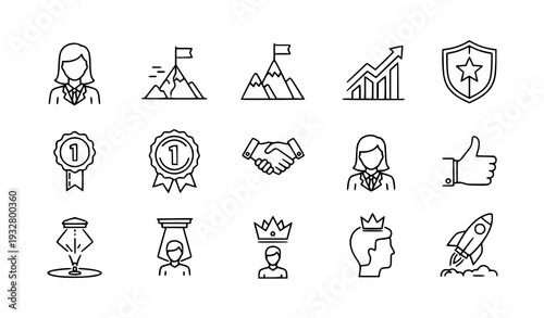 A set of minimalist line art icons representing business success and achievement