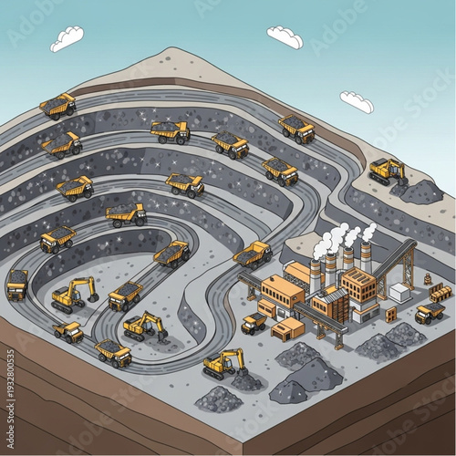 Open pit mine with heavy machinery and infrastructure.