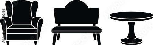 Black silhouette armchair, sofa and round table furniture icon set isolated on white background, living room interior vector illustration collection.