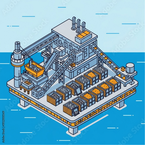 Isometric illustration of an offshore oil rig platform in the ocean.
