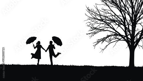 Silhouette of a happy couple holding hands and umbrellas, jumping in a field near a bare winter tree, isolated on white background.