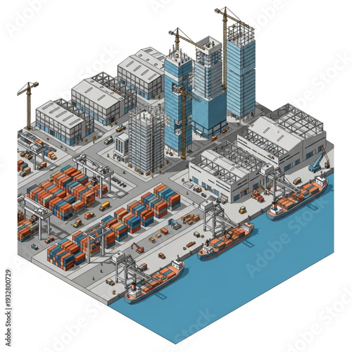 Isometric illustration of a modern industrial port with cranes and cargo ships.