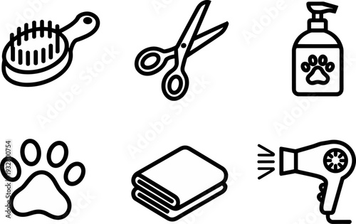 Pet grooming line icon set, dog care tools including brush scissors shampoo towel and hair dryer outline vector
