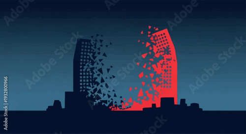 Illustration of a cityscape with two buildings in crisis, one disintegrating into pieces and the other on fire, depicting geopolitical tension and economic collapse concept with a dark and