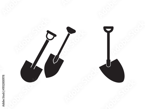 Three black shovels with handles and blades for digging and moving soil or other materials  gardening and construction tools