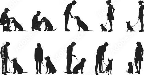 Dog owner silhouette set, people walking and training dogs on leash isolated on white background vector illustration collection