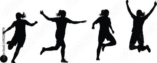 Kids playing soccer silhouette set children jumping running isolated black sport vector illustration collection