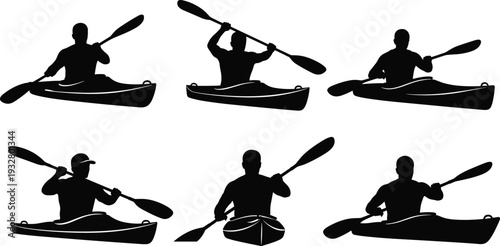 Kayaker silhouette set paddling canoe, front side and action views isolated on white background adventure sport illustration