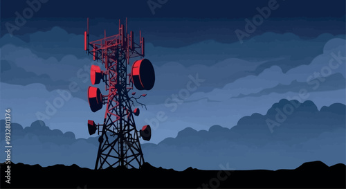Illustration of a communication tower with military silhouette vector elements against a dark, ominous sky with clouds, conveying a sense of geopolitical tension and war crisis in a