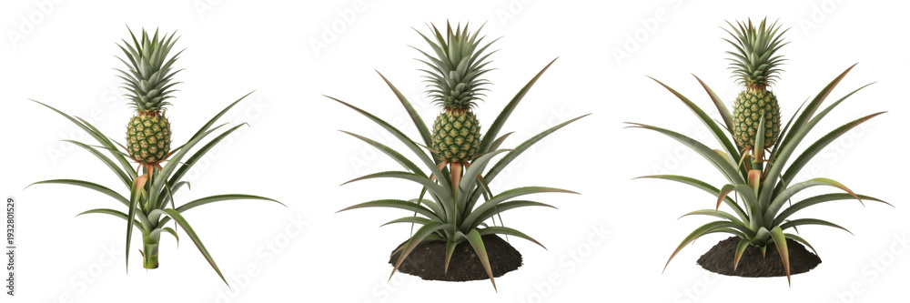 Fototapeta premium Set of Fresh Pineapple Plants with Ripe Fruit Growing in Soil Isolated on White Background PNG