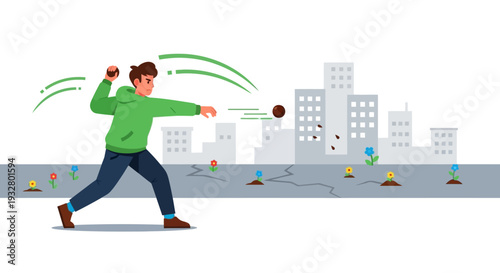 Man throwing baseball near urban landscape with buildings and people in background illustration