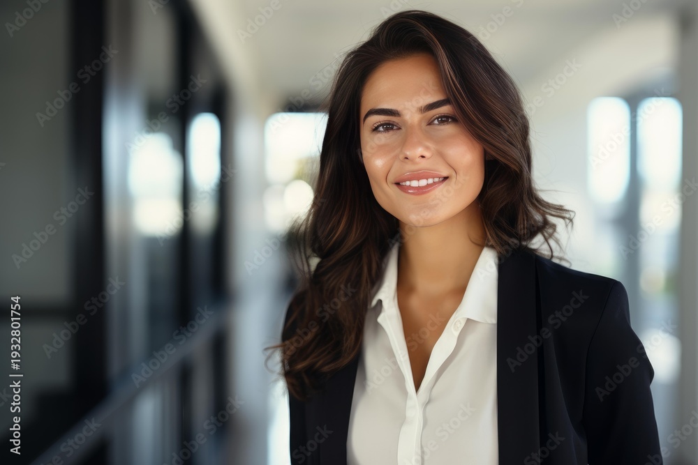 Obraz premium Confident businesswoman smiling in a modern office hallway