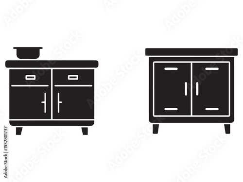 Two black and white kitchen cabinets with doors and drawers  one with a bowl on top  simple design
