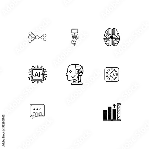 Artificial Intelligence and Machine Learning linear icon set, neural network, deep learning and cognitive computing vector symbols