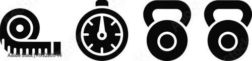 Black silhouette measuring tape, stopwatch and kettlebell icon set isolated on white background, fitness training and workout equipment vector illustration.