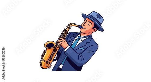 Man in blue suit playing saxophone with passion and energy, illustration of jazz musician in action