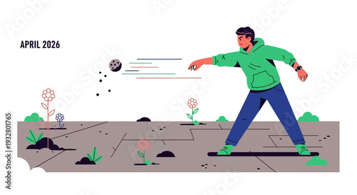 Person in a green hoodie throws seeds onto dry, cracked earth with sparse plants, symbolizing environmental restoration efforts for a future date.